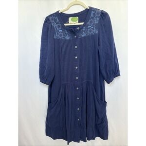 Anthropologie Dubois Embroidered‎ Blue Tunic Dress Button Down Drop Waist Size 2